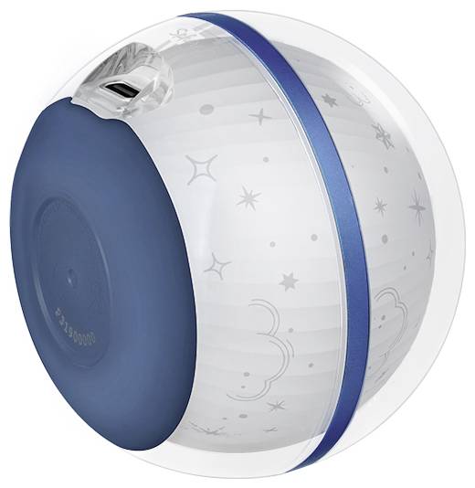 Ein weißes kugelförmiges Gerät mit einem blauen Band und USB-Anschluss, das Stern- und Wolkenmuster auf seiner Oberfläche aufweist.