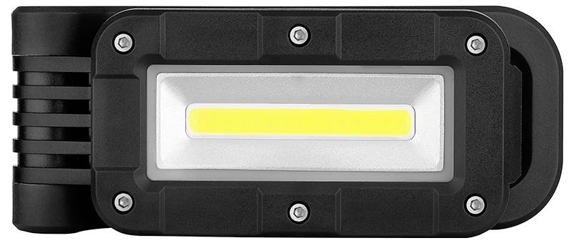 Eine schwarze LED-Arbeitsleuchte mit rechteckiger Form, die einen hellen gelben Streifen in der Mitte zur Beleuchtung aufweist und mit silbernen Schrauben befestigt ist.