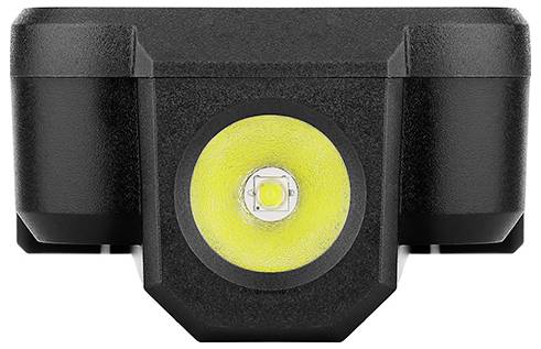 Eine Frontalansicht eines schwarzen und gelben kompakten LED-Fahrradlichts.