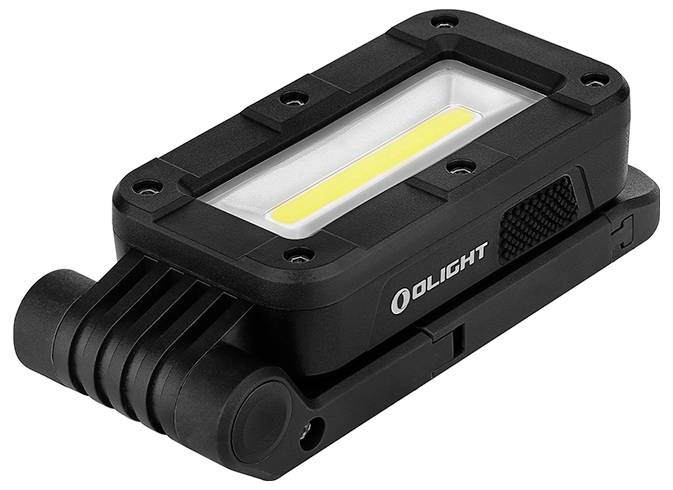 Eine schwarze rechteckige LED-Arbeitsleuchte mit einem gelben Streifenlicht in der Mitte und einer verstellbaren Basis, mit der Marke „OLIGHT