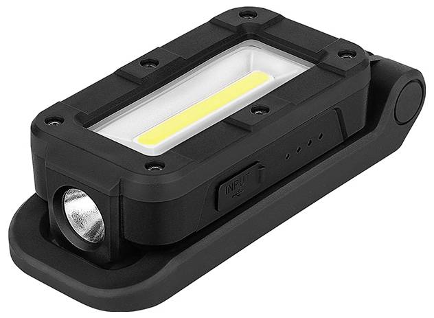 Ein schwarzes, rechteckiges LED-Arbeitslicht mit einem gelben Streifen in der Mitte, ausgestattet mit einem Griff und mit der Bezeichnung „INPUT