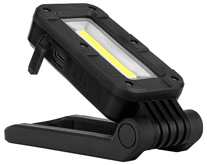 Eine schwarze LED-Arbeitsleuchte mit klappbarem Ständer, mit einem gelben Lichtstreifen und einem USB-Ladeanschluss an der Seite. Geeignet für tragbare Verwendung.