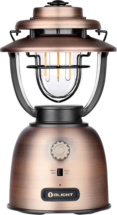 Eine Kupferlaterne im Vintage-Stil mit transparentem Glasgehäuse und LED-Glühfadenlam­pen, ausgestattet mit einem Drehregler zur Lichtreg­ulierung und einem Logo auf der Basis.