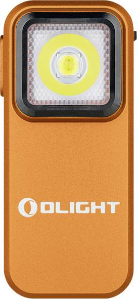 Eine orangefarbene Olight-Taschenlampe mit einer einzelnen LED-Glühbirne in einem schwarz-weißen Gehäuse und dem Olight-Logo unterhalb des Lichts.