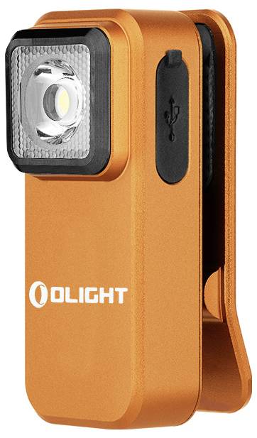 Ein blauer Metall-Taschenlampenclip mit dem eingeprägten Markennamen 'OLIGHT', mit einem QR-Code und CE-Kennzeichnung auf der Seite.