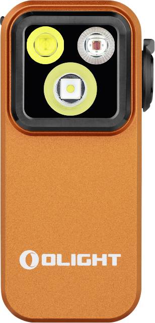 Eine orange, rechteckige tragbare Taschenlampe mit mehreren LED-Leuchten an der Vorderseite. Die Marke 