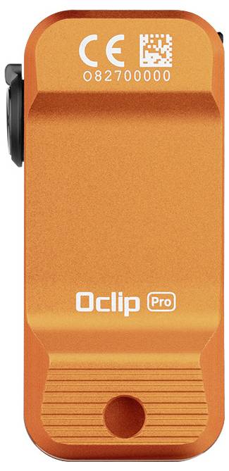 Ein orangefarbenes Oclip Pro-Gerät mit Clip-Design, das einen QR-Code und eine Seriennummer '082700000' auf der Oberseite zeigt.