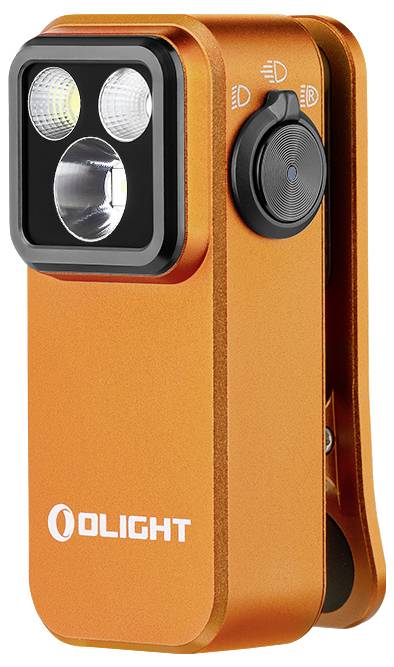 Eine orangefarbene kompakte Taschenlampe mit Clip, bestehend aus zwei runden LED-Leuchten und einem Einschaltknopf. Die Marke „OLIGHT
