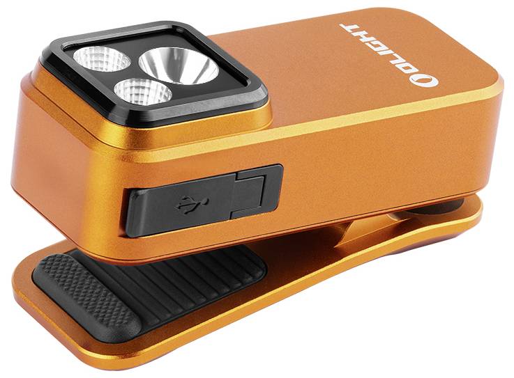 Eine orangefarbene aufsteckbare wiederaufladbare LED-Arbeitsleuchte mit drei Lampenköpfen und einem USB-Ladeanschluss.