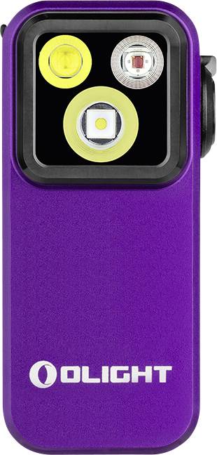 Eine violette, rechteckige Olight-Taschenlampe mit drei kreisförmigen Lichtemittern an der Vorderseite.