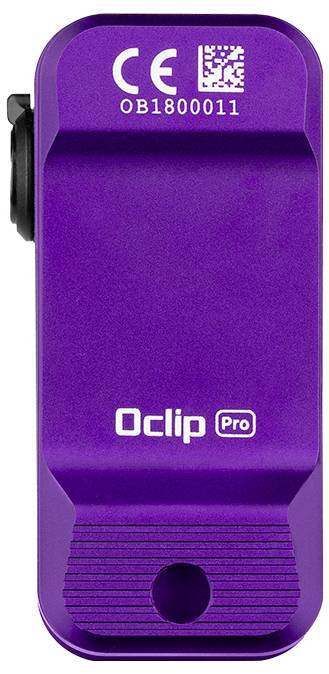 Ein violettes Oclip Pro-Gerät mit QR-Code, Modellnummer OB1800011 und Clip-On-Design zur Befestigung.