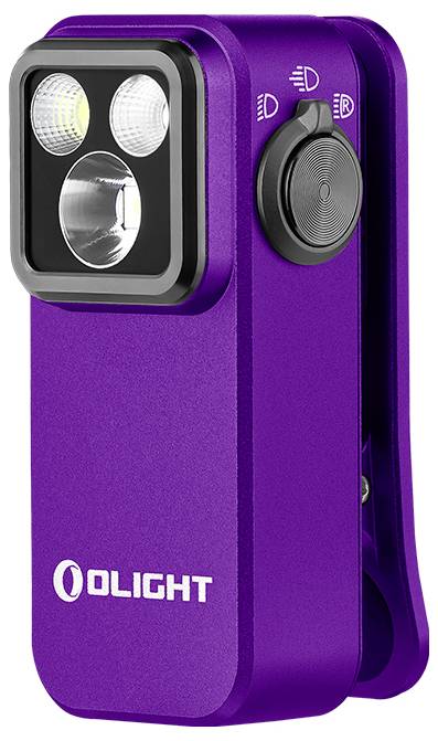 Eine violette, rechteckige Taschenlampe mit drei LED-Leuchten an der Vorderseite und einer Klammer an der Seite, Marke 
