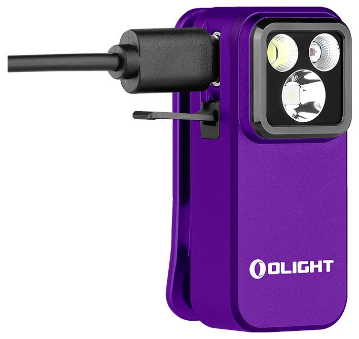 Eine violette Olight-Taschenlampe mit dualen LEDs und USB-Ladekabel wird gezeigt. Sie verfügt über einen Ein-/Ausschalter an der Seite.