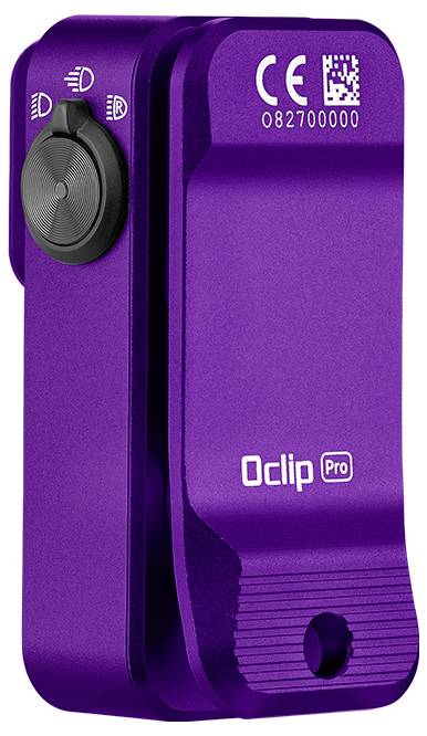 Ein violettes Oclip Pro-Gerät mit Zifferblatt und Clip, gekennzeichnet mit "CE" und einem Code.