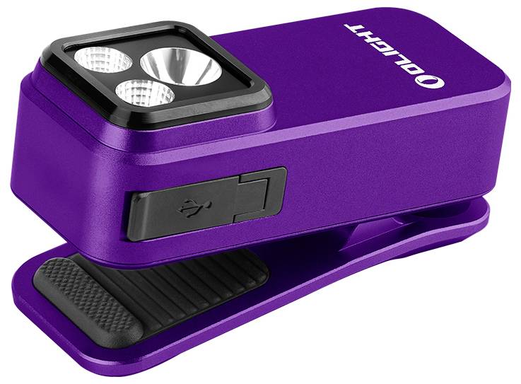Ein violettes LED-Clip-Licht mit USB-Ladeanschluss und drei Glühbirnen, Marke „OLIGHT