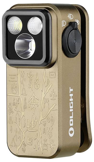 Eine kompakte, bronzefarbene Taschenlampe mit Gravuren in antiker Schrift und einem dualen LED-Linsensystem. Der Markenname 