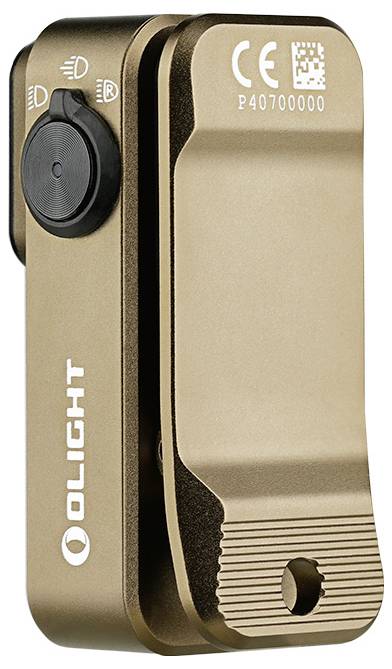 Eine kompakte, bronzefarbene Taschenlampe mit Clip, mit Bedienungstasten und dem auf der Seite aufgedruckten Markennamen „OLIGHT