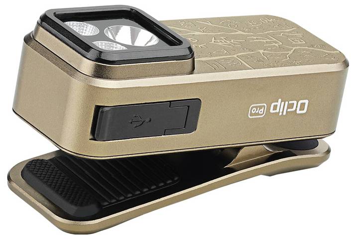 Ein kompaktes, rechteckiges Gerät Oclip Pro in Bronzefarbe mit LED-Leuchten oben und einem Clipmechanismus unten.