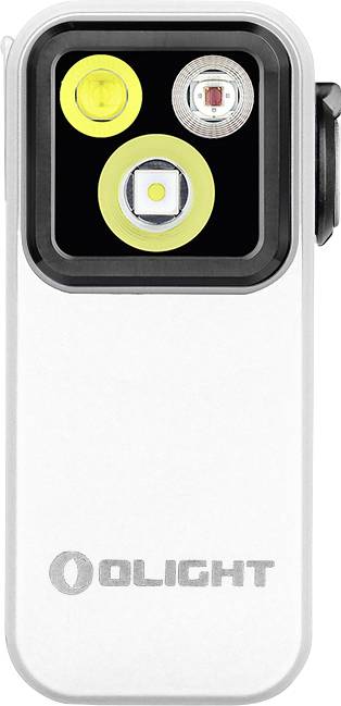 Eine kleine, rechteckige Taschenlampe mit drei LED-Leuchten auf ihrer oberen Sektion und dem Markennamen „Olight