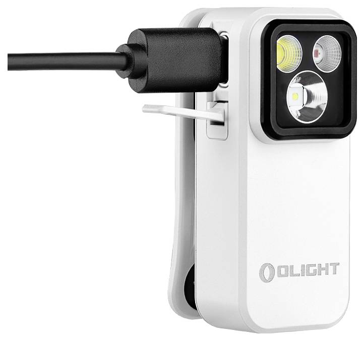 Eine kompakte weiße Olight-Taschenlampe mit schwarzem Ladekabel, das mit zwei LED-Lichtern und einer Befestigungsklammer ausgestattet ist.