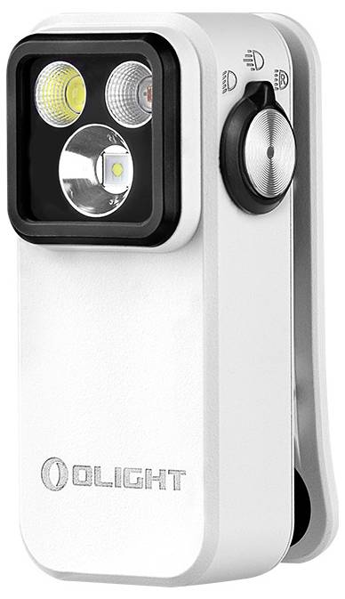 Eine kompakte, weiße Olight-Taschenlampe mit dualen Lichtquellen und einem seitlichen Drehschalter zur Helligkeitsregelung.