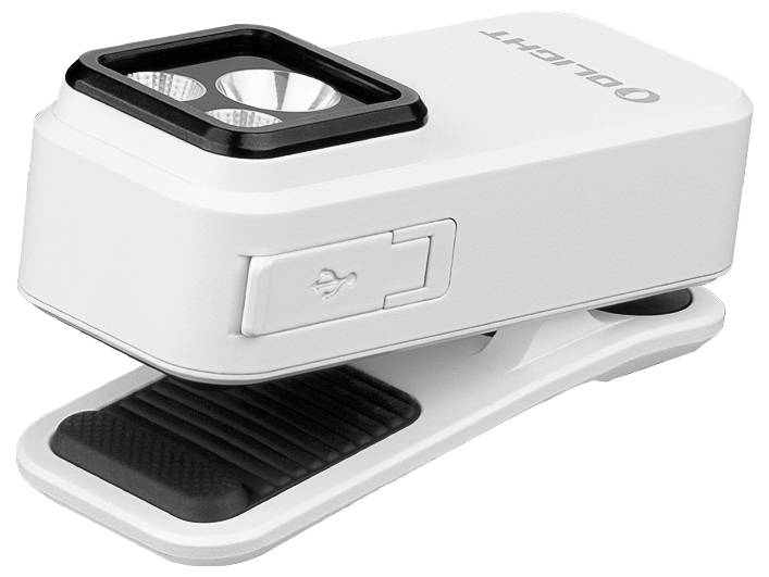 Ein kleines, weißes aufsteckbares LED-Licht mit USB-Ladeanschluss und schwarzem Gummigriff, das für freihändige Verwendung auf verschiedenen Oberflächen entwickelt wurde.