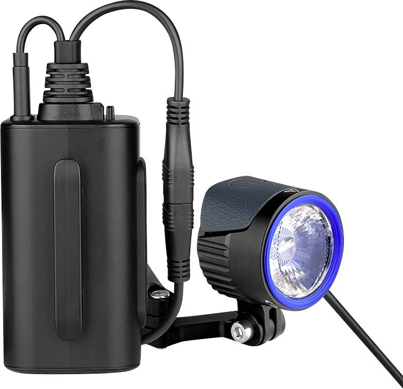 Ein tragbares schwarzes LED-Fahrradlicht mit zylindrischem Batteriepaket und Montageklammer.