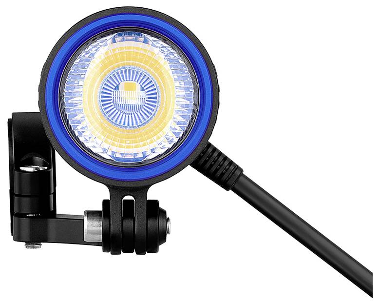 Eine Nahaufnahme eines runden LED-Fahrradscheinwerfers mit blauem Ring und schwarzer Halterung, die sein modernes Design und den verstellbaren Winkel hervorhebt.