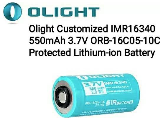 'Olight maßgefertigte IMR16340 550mAh 3.7V ORB-16C05-10C geschützte Lithium-Ionen-Batterie' ist neben einem Bild der blauen Batterie aufgedruckt.