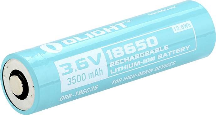 Ein türkisfarbener wiederaufladbarer Lithium-Ionen-Akku 18650 mit 3,6V und 3500mAh Kapazität.