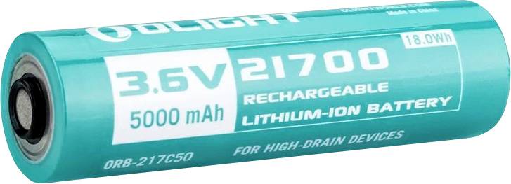 Eine zylindrische, türkisfarbene wiederaufladbare Lithium-Ionen-Batterie mit der Beschriftung „3,6V, 21700, 5000 mAh, 18,0 Wh