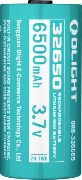 Eine türkisfarbene zylindrische Batterie mit der Beschriftung „OLIGHT 32650 Wiederaufladbare Lithium-Ionen-Batterie 6500mAh 3.7V