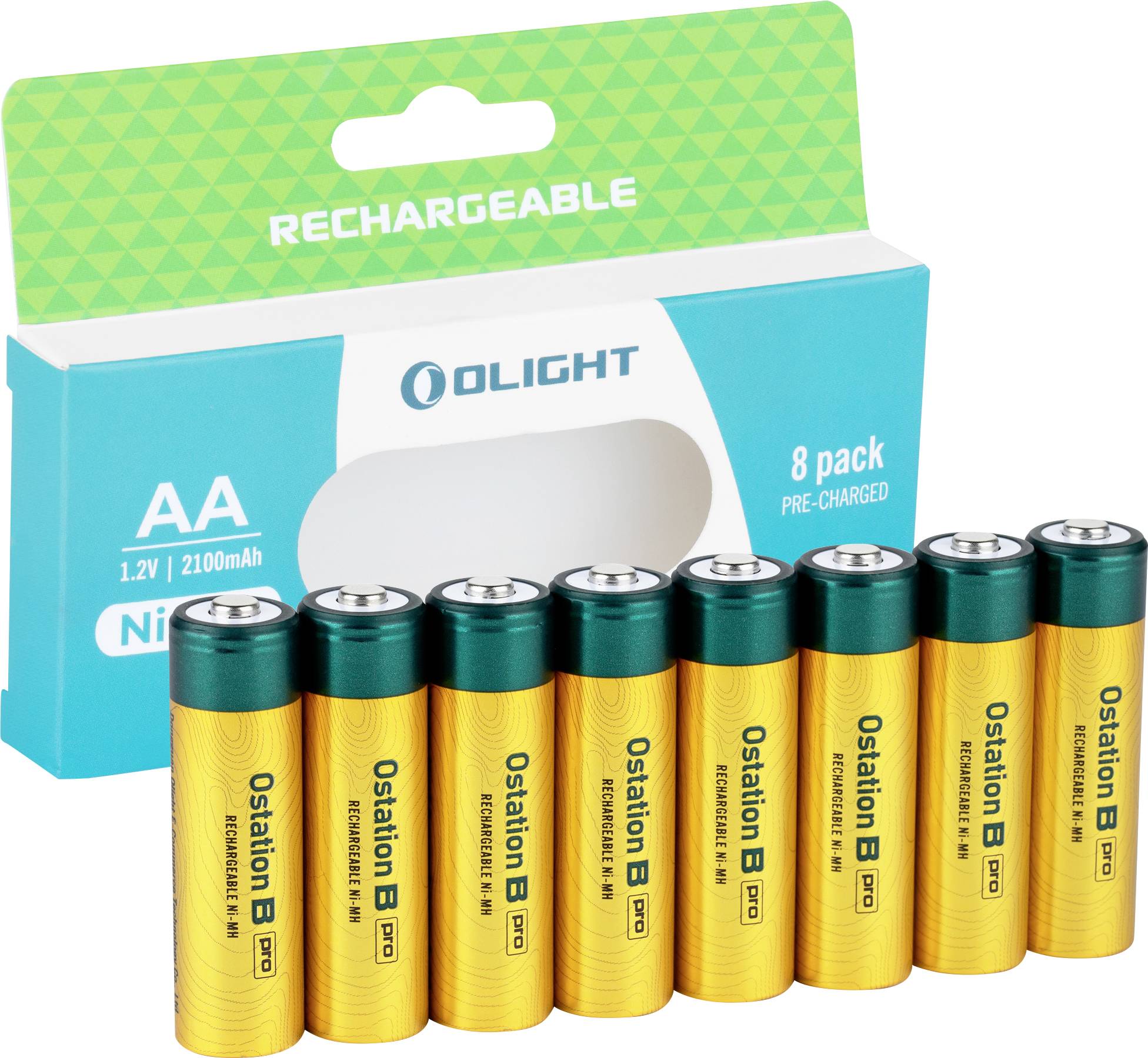 Packung mit 8 Ostation B AA wiederaufladbaren Batterien in einer grün-weißen Schachtel, beschriftet mit 1,2V und 2100mAh.