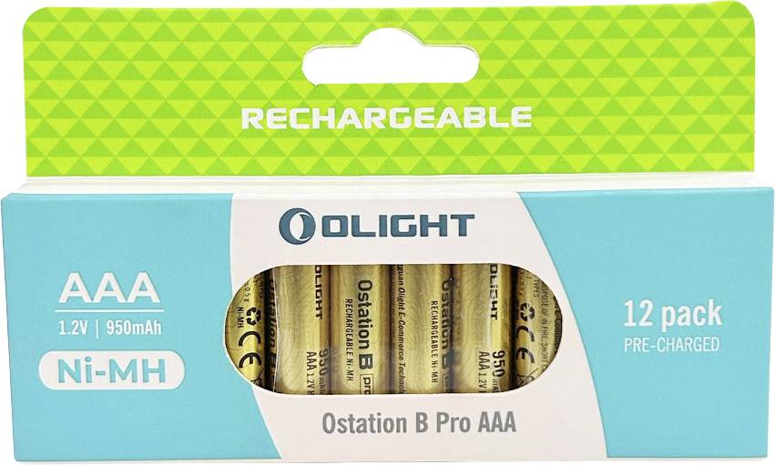 Ein Paket wiederaufladbarer AAA-Batterien von Olight, 12er-Pack, Ni-MH, 1,2V, 950mAh, in einer blau-grünen Box mit Branding dargestellt.