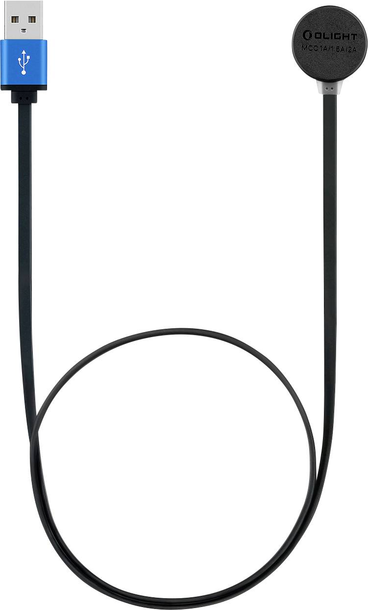 Ein magnetisches USB-Ladekabel mit einem blauen USB-A-Stecker an einem Ende und einem runden Magnetkopf am anderen Ende.