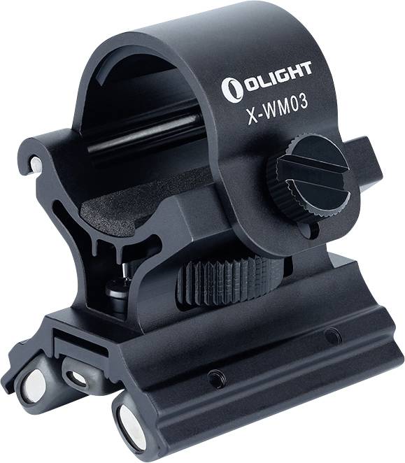 Olight X-WM03 magnetische Waffenhalterung, schwarze Farbe, mit Drehregler und gummierten Griffflächen für sichere Befestigung an Schusswaffen.