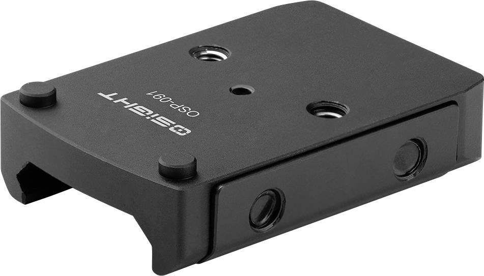 Ein schwarzer Metall-Kameramontageadapter mit zwei gebohrten Löchern und einer Beschriftung „Q-Sight QSP-001