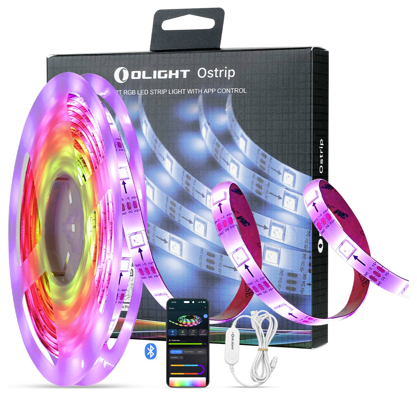 RGB-LED-Streifenlicht mit App-Steuerung und Bluetooth-Konnektivität, aufgewickelt und in verschiedenen Farben beleuchtet gezeigt, mit Verpackung und Fernbedienung.
