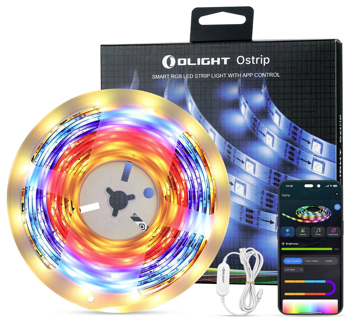 Olight Ostrip LED-Streifenleuchten mit App-Steuerung, bestehend aus einer aufgewickelten Rolle mit farbigen Leuchten, Verpackungsbox und Smartphone-App-Oberfläche.