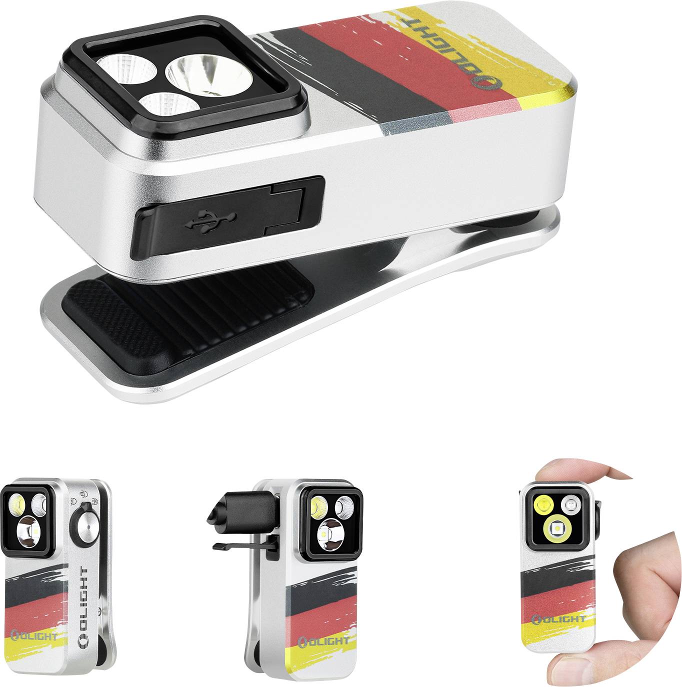 Kompakte Taschenlampe mit Clip, mit USB-Anschluss zum Laden und zwei LED-Lichtern. Abgebildet in der Hand und befestigt, Branding sichtbar.