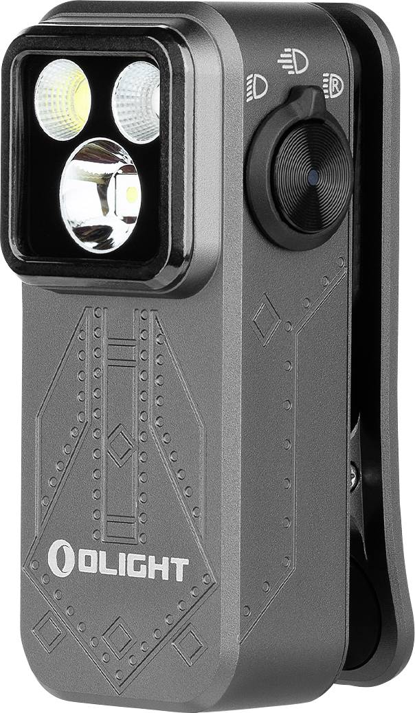 Eine kleine, rechteckige, schwarze Taschenlampe mit zwei LED-Birnen, Seitenschalter und Clip, auf der Vorderseite mit der Marke „OLIGHT