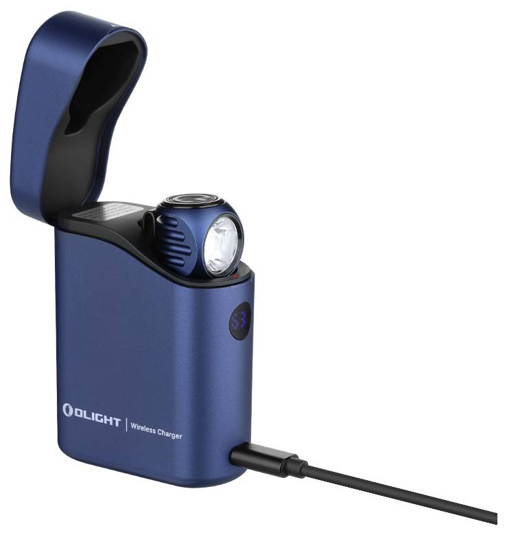„Eine kompakte, blaue wiederaufladbare Taschenlampe mit kabellosem Ladegerät, ausgestattet mit digitaler Anzeige und USB-Ladekabelverbindung.