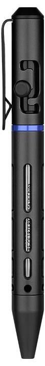 Ein schwarzer Stift mit blauem Akzent, Clip und Druckknopf. Er zeichnet sich durch ein modernes, minimalistisches Design mit sichtbaren inneren Komponenten aus.