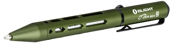 Grüner taktischer Stift mit strukturiertem Griff, mit mehreren Werkzeugen einschließlich einer Taschenlampe und einem Glasbrecher, auf weißem Hintergrund.