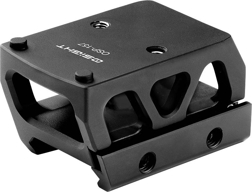 Eine schwarze Metallhalterung mit abgeschrägten Schnitten, mit vier Schraubenlöchern und der Markenbezeichnung 