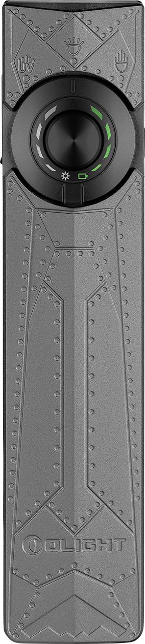 Eine elegante Olight-Taschenlampe mit einem schwarzen, kreisförmigen Bedienknopf in der Mitte, umgeben von dekorativen geometrischen Gravurmustern.