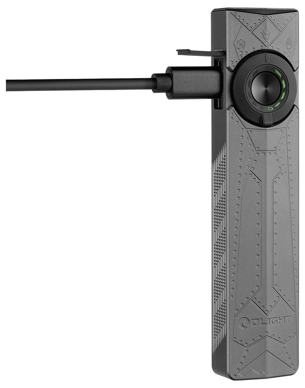 Ein rechteckiges, graues elektronisches Gerät mit einem runden Knopf und angeschlossenem Kabel, das grüne LED-Indikatoren anzeigt.