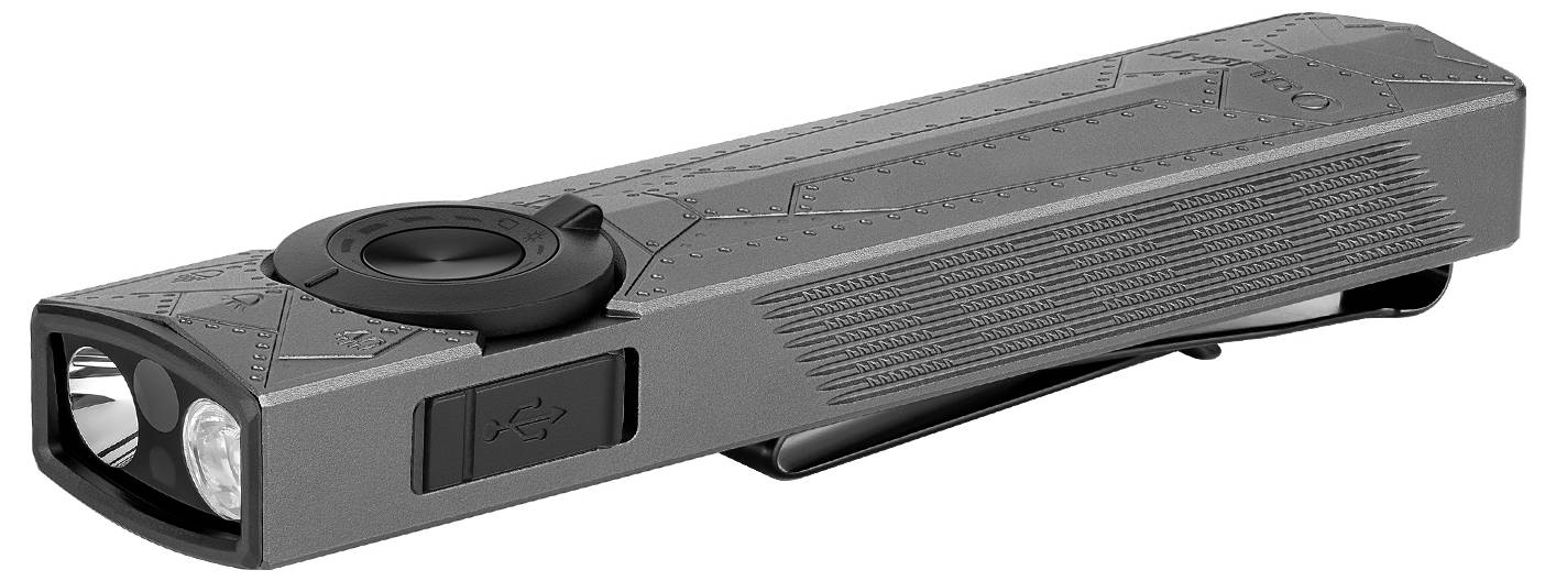 Eine rechteckige, graue Taschenlampe mit strukturierten Seitenflächen und einem kreisförmigen Schalter oben, konzipiert für tragbaren Gebrauch.