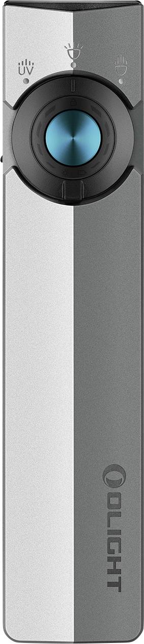 Ein silbernes und schwarzes tragbares Gerät mit einer zentralen blauen Taste, ausgestattet mit Symbolen für Stromversorgung, Helligkeit und Konnektivität, mit der Marke „OLIGHT