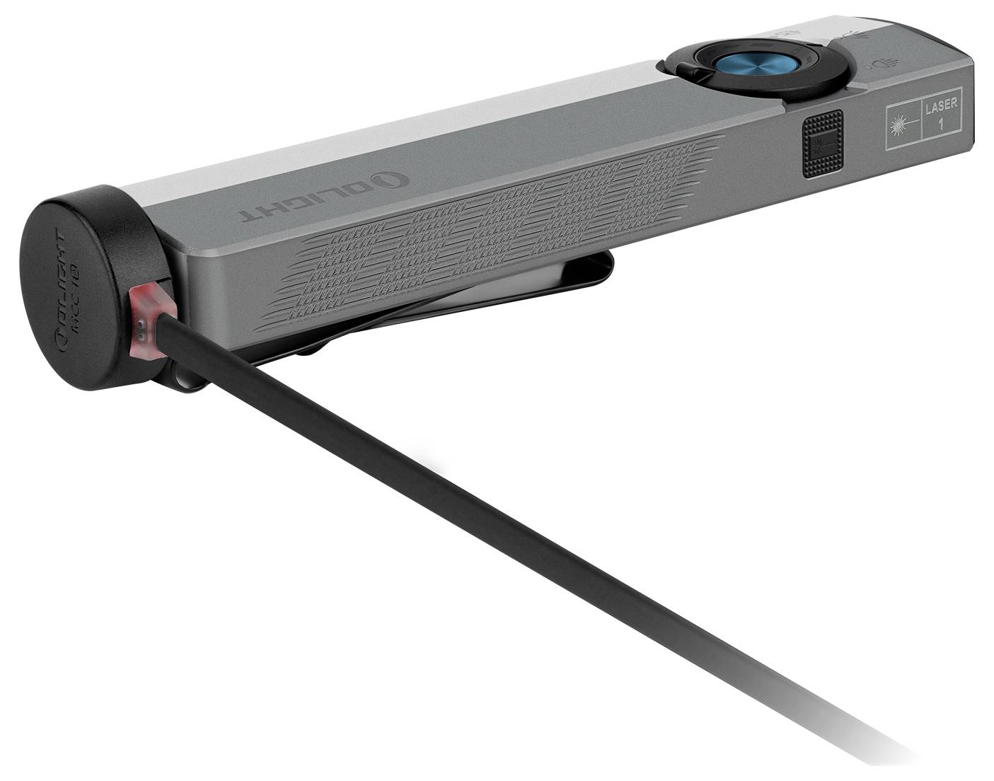 'AOLIGHT' Markenlaserpointer mit schlankem, grauem Design. Der Laser emittiert einen roten Strahl und verfügt über einen großen blauen Knopf zur Aktivierung.